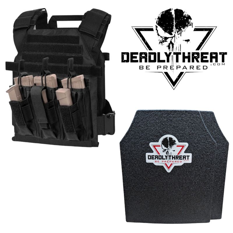 A black tactical plate carrier paired with Level III L3 Fearless ballistic armor plates, designed to stop standard rifle rounds. The carrier features adjustable shoulder and waist straps for a secure and comfortable fit, MOLLE webbing for customizable gear attachment, and a rugged yet lightweight design. Built for active shooter response, this setup offers reliable protection and mobility in high-threat environments.