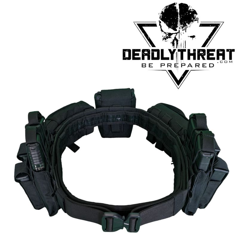 A heavy-duty tactical battle belt in an all-black &#39;Black Storm&#39; design, built for durability and performance in the field. The belt features reinforced stitching, a quick-release buckle, and multiple rows of MOLLE webbing for attaching pouches, holsters, and other gear. Designed for law enforcement, military, and tactical use, it offers a secure and comfortable fit while supporting modular loadouts.