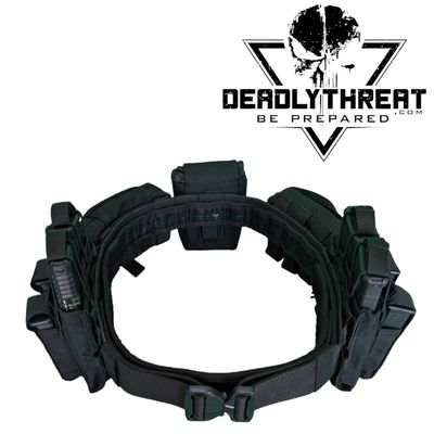 A heavy-duty tactical battle belt in an all-black &#39;Black Storm&#39; design, built for durability and performance in the field. The belt features reinforced stitching, a quick-release buckle, and multiple rows of MOLLE webbing for attaching pouches, holsters, and other gear. Designed for law enforcement, military, and tactical use, it offers a secure and comfortable fit while supporting modular loadouts.