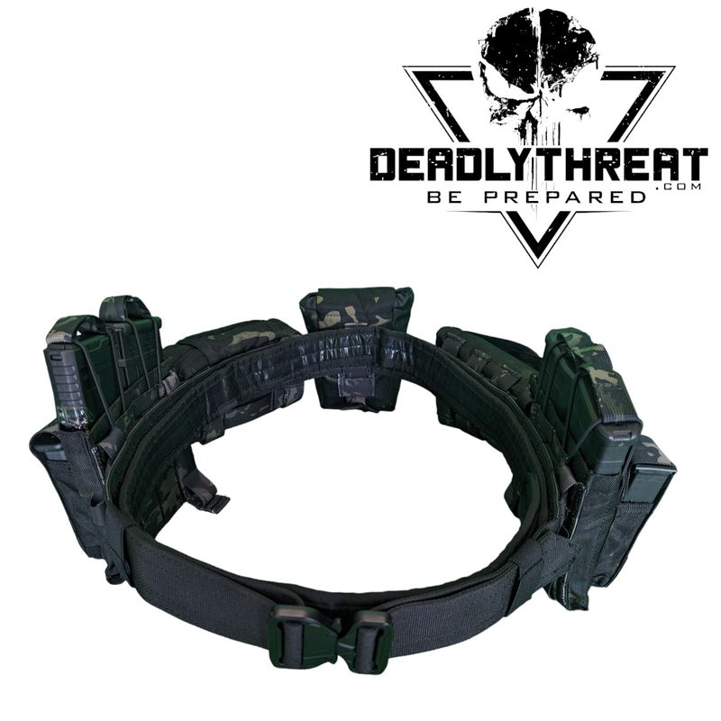 A rugged tactical battle belt in a sleek Ghost Camo pattern, designed for modular load-bearing setups in tactical operations. The belt features reinforced stitching, a heavy-duty quick-release buckle, and multiple rows of MOLLE webbing for attaching pouches, holsters, and other gear. Built for durability and comfort, it&#39;s ideal for military, law enforcement, and tactical professionals requiring dependable gear in the field.