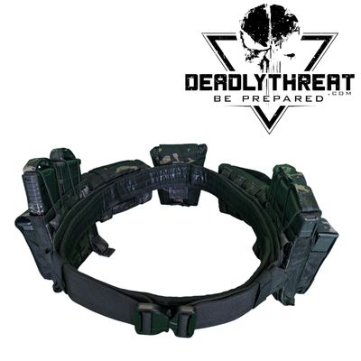 A rugged tactical battle belt in a sleek Ghost Camo pattern, designed for modular load-bearing setups in tactical operations. The belt features reinforced stitching, a heavy-duty quick-release buckle, and multiple rows of MOLLE webbing for attaching pouches, holsters, and other gear. Built for durability and comfort, it&#39;s ideal for military, law enforcement, and tactical professionals requiring dependable gear in the field.
