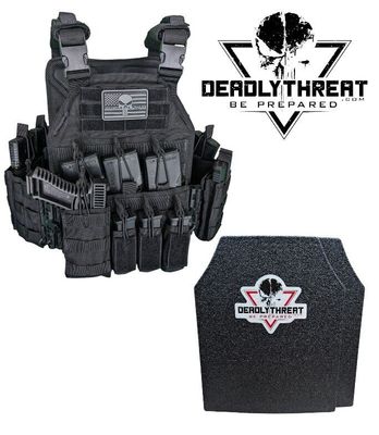 Urban Assault Black Storm tactical plate carrier with Level III L3 Fearless rifle-rated ballistic armor. Includes MOLLE webbing, adjustable straps, and side plate compatibility. Lightweight and durable body armor for tactical, military, and law enforcement use in high-threat environments.