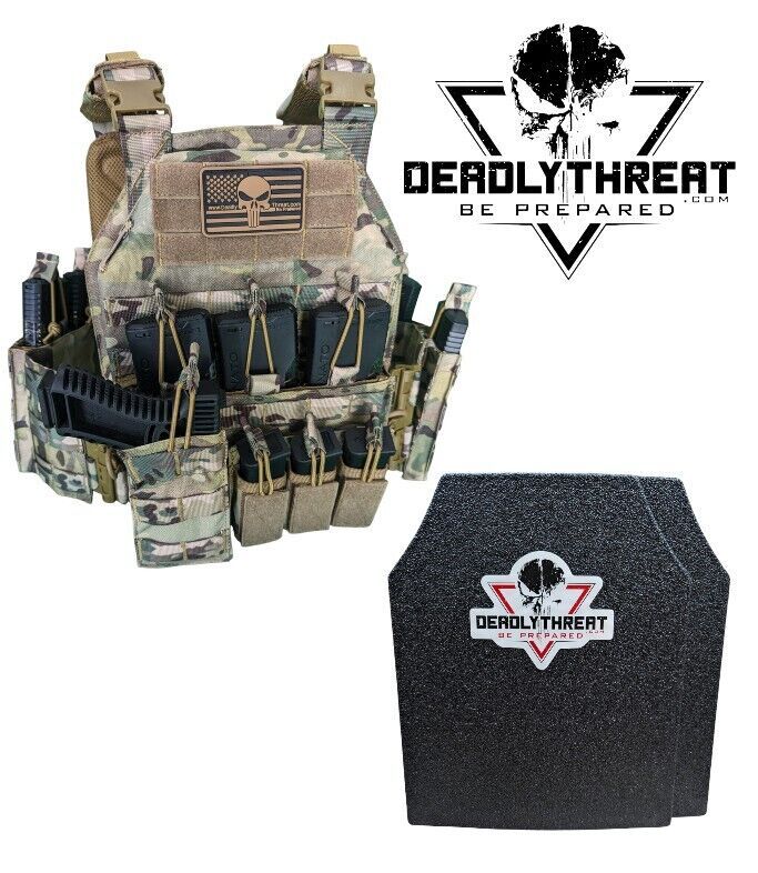 Urban Assault Camo 7 tactical plate carrier with Level III L3 Fearless rifle-rated ballistic armor plates. Features MOLLE webbing, adjustable shoulder and waist straps, and lightweight durable construction. Designed for military, law enforcement, and tactical professionals operating in woodland and mixed-terrain environments.