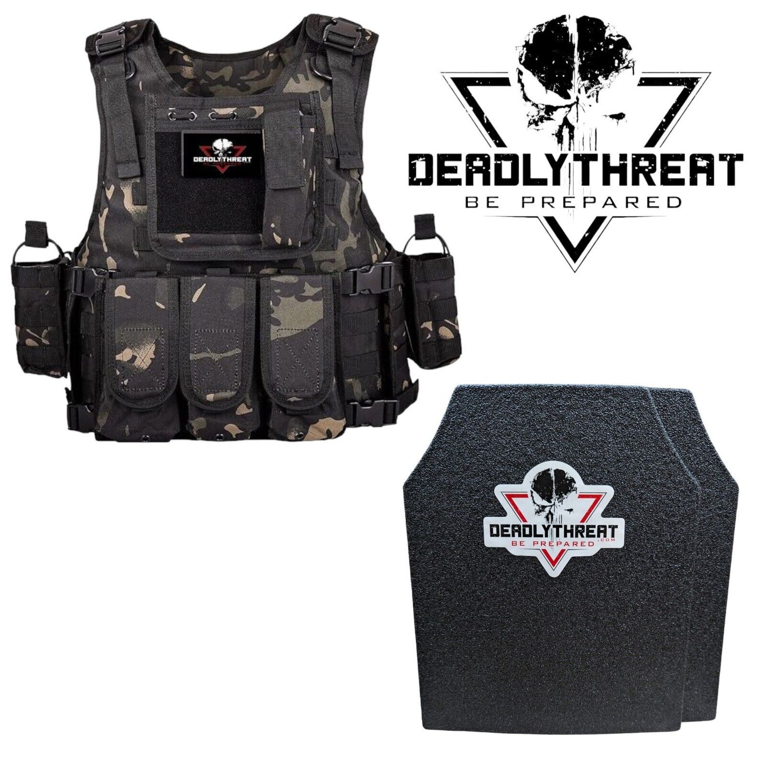 A tactical gear combo featuring the Force Recon plate carrier in a sleek Ghost Camo pattern, paired with Level III Fearless ballistic armor plates. The carrier includes adjustable shoulder and waist straps for a tailored fit, MOLLE webbing for modular gear attachments, and a rugged, lightweight design. The included Level III plates offer reliable protection against rifle threats, making this setup ideal for high-threat tactical operations.