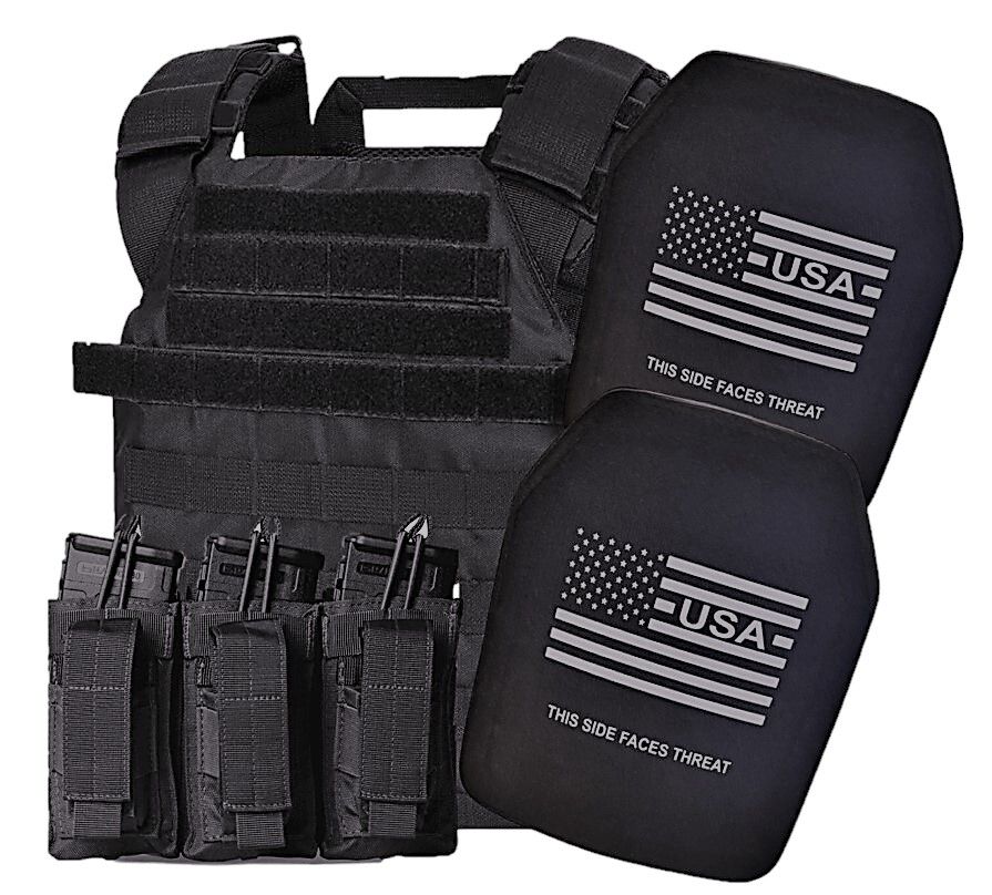 A durable black tactical plate carrier outfitted with Level III+ special threat ballistic plates, designed to stop high-velocity rifle rounds and advanced ballistic threats. The carrier includes adjustable shoulder and waist straps for a secure fit, MOLLE webbing for modular gear attachments, and a streamlined, lightweight design. Engineered for active shooter response and high-risk missions, offering enhanced protection beyond standard Level III armor.