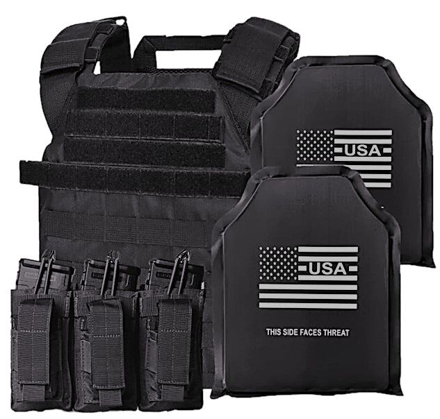 A minimalist black tactical plate carrier equipped with Level IIIA soft armor panels, offering flexible protection against handgun threats. The carrier features adjustable shoulder and waist straps for a secure, comfortable fit, along with MOLLE webbing for gear customization. Lightweight and low-profile, this setup is designed for rapid response and mobility in active shooter or close-quarters situations.