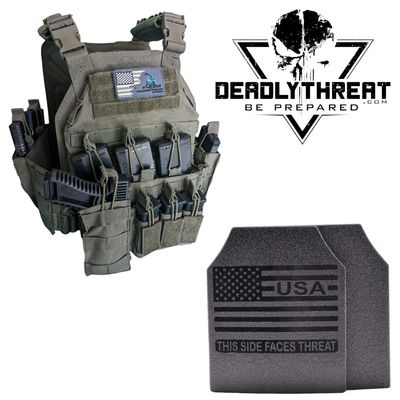 Urban Assault Phantom Sage tactical plate carrier with Level III Fearless ballistic armor plates for rifle-rated protection. Features sage green camo pattern, MOLLE webbing, adjustable shoulder and waist straps, and lightweight, rugged construction. Ideal body armor for military, tactical operators, and law enforcement in mixed-terrain and high-threat environments.