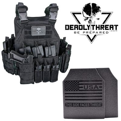 A tactical plate carrier in a stealthy Black Storm design, equipped with Level III Fearless ballistic armor plates for rifle-rated protection. The carrier includes adjustable shoulder and waist straps for a snug, secure fit, MOLLE webbing for customizable gear attachments, and a rugged yet lightweight build. Designed for high-threat environments, this setup provides dependable protection and tactical functionality for military, law enforcement, and security operations.