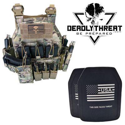 Urban Assault Camo 7 tactical plate carrier with Level III+ special threat ballistic armor plates for protection against high-velocity rifle rounds. Features MOLLE webbing, adjustable shoulder and waist straps, and rugged lightweight construction. Perfect for military, tactical teams, and law enforcement operating in woodland or mixed-terrain environments.