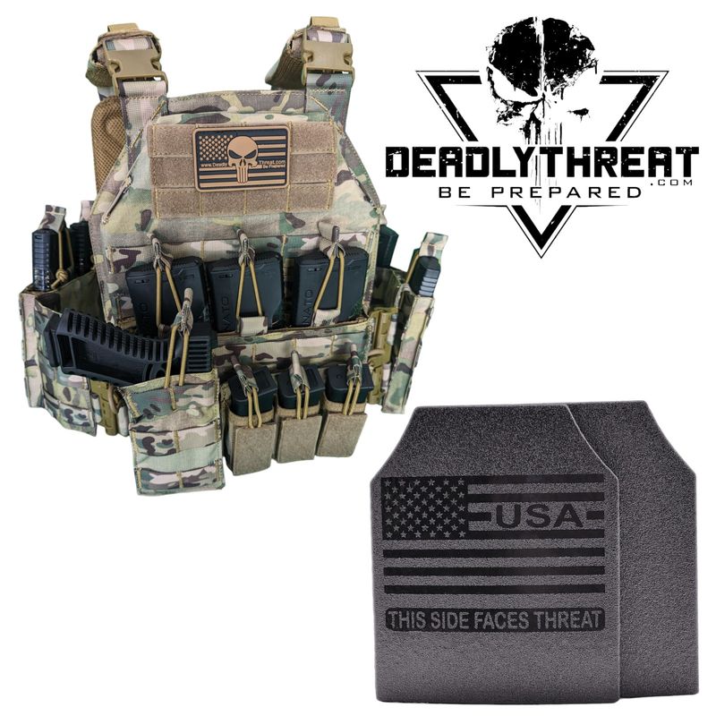 Urban Assault Camo 7 tactical plate carrier with Level III Fearless ballistic armor plates for rifle-rated protection. Includes MOLLE webbing, adjustable shoulder and waist straps, and a durable, lightweight design. Ideal body armor for military, tactical teams, and law enforcement operating in woodland or mixed-terrain environments.