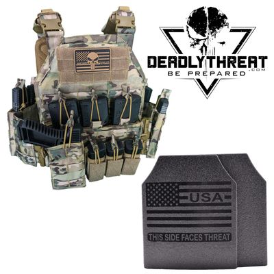 Urban Assault Camo 7 tactical plate carrier with Level III Fearless ballistic armor plates for rifle-rated protection. Includes MOLLE webbing, adjustable shoulder and waist straps, and a durable, lightweight design. Ideal body armor for military, tactical teams, and law enforcement operating in woodland or mixed-terrain environments.