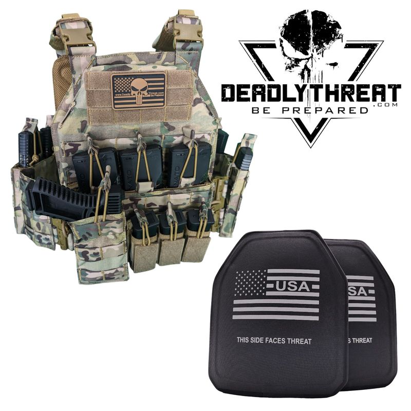 Urban Assault Camo 7 tactical plate carrier with Level IV Ultimate ballistic armor plates for armor-piercing rifle protection. Includes MOLLE webbing, adjustable straps, and durable lightweight construction. Ideal high-threat body armor for military, tactical operators, and law enforcement in woodland and mixed-terrain environments.