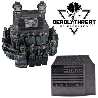 Urban Assault Ghost Camo tactical plate carrier with Level III Fearless ballistic armor plates for rifle-rated protection. Features a stealth-inspired camo design, MOLLE webbing, adjustable straps, and lightweight durable construction. Ideal body armor for law enforcement, military, and tactical operators in urban and high-threat environments.