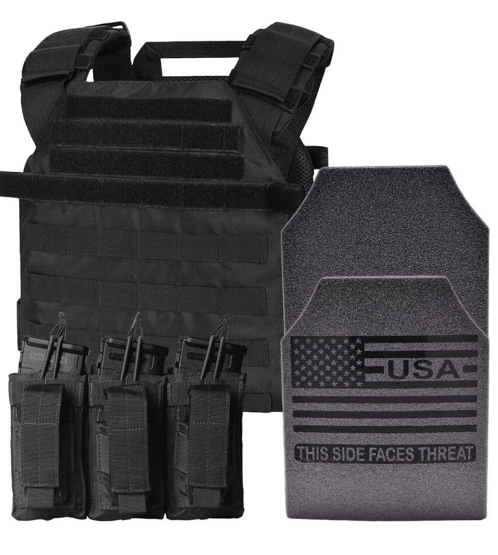 A rugged tactical plate carrier equipped with large 11x14 Level III ballistic plates for extended coverage against rifle threats. The carrier features a durable black design with adjustable shoulder and waist straps, MOLLE webbing for modular gear attachments, and a secure, comfortable fit. Built for active shooter response, this setup delivers enhanced protection, mobility, and reliability in high-risk environments.