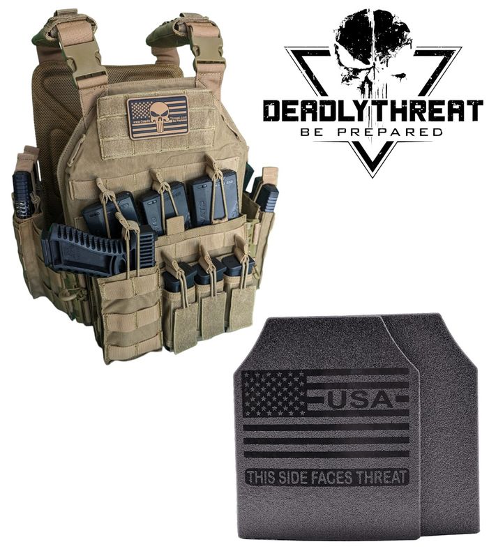 Urban Assault Desert Fox tactical plate carrier with Level III Fearless ballistic armor plates for rifle-rated protection. Features desert camouflage design, MOLLE webbing, adjustable shoulder and waist straps, and lightweight, durable construction. Ideal body armor for military, tactical operators, and law enforcement in arid and high-threat environments.