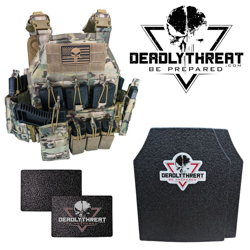 Urban Assault Camo 7 tactical plate carrier with Level III L3 Fearless front, back, and side ballistic armor plates for full rifle-rated protection. Includes MOLLE webbing, adjustable straps, and a lightweight, durable build. Ideal body armor setup for military, law enforcement, and tactical operations in woodland and mixed-terrain environments.