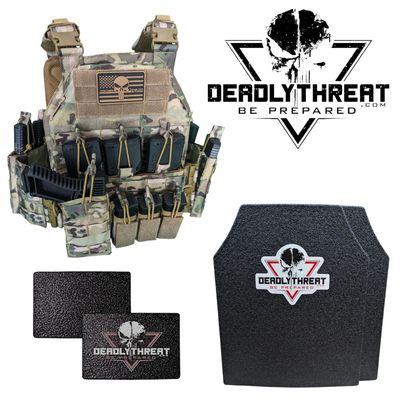 Urban Assault Camo 7 tactical plate carrier with Level III L3 Fearless front, back, and side ballistic armor plates for full rifle-rated protection. Includes MOLLE webbing, adjustable straps, and a lightweight, durable build. Ideal body armor setup for military, law enforcement, and tactical operations in woodland and mixed-terrain environments.
