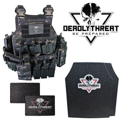 Urban Assault Ghost Camo tactical plate carrier with Level III L3 Fearless front, back, and side ballistic armor plates for full rifle-rated protection. Features low-visibility urban camo pattern, MOLLE webbing, adjustable shoulder and waist straps, and lightweight, rugged construction. Ideal full-coverage body armor for tactical teams, military personnel, and law enforcement in high-threat urban environments.
