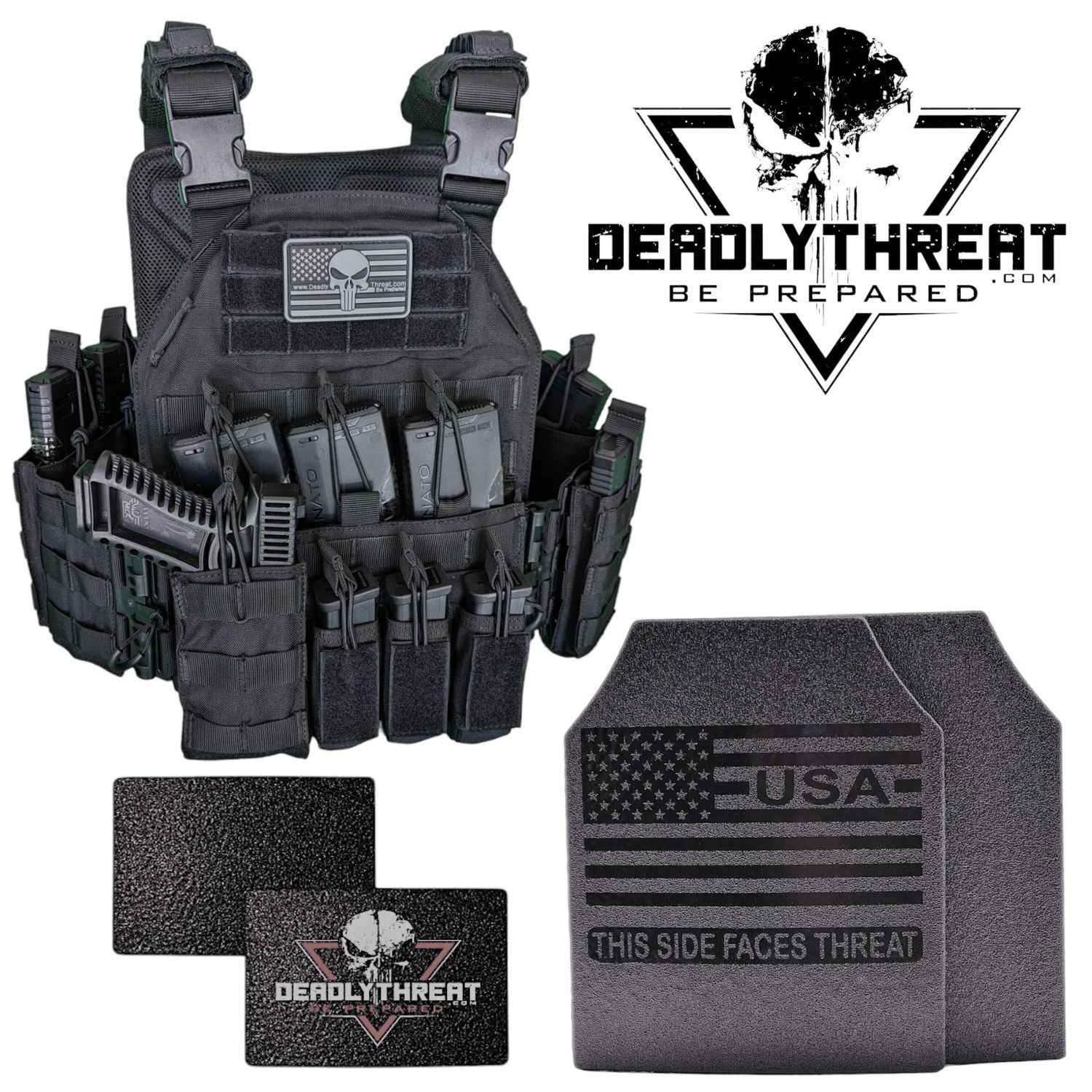 A tactical plate carrier in a sleek Black Storm colorway, equipped with Level III Fearless front and back armor plates, along with ballistic side plates for enhanced lateral protection. The carrier features adjustable shoulder and waist straps for a secure, ergonomic fit, MOLLE webbing for modular gear attachments, and a durable yet lightweight construction. Ideal for high-threat environments, this setup delivers full-torso rifle-rated protection for tactical, military, and law enforcement use.