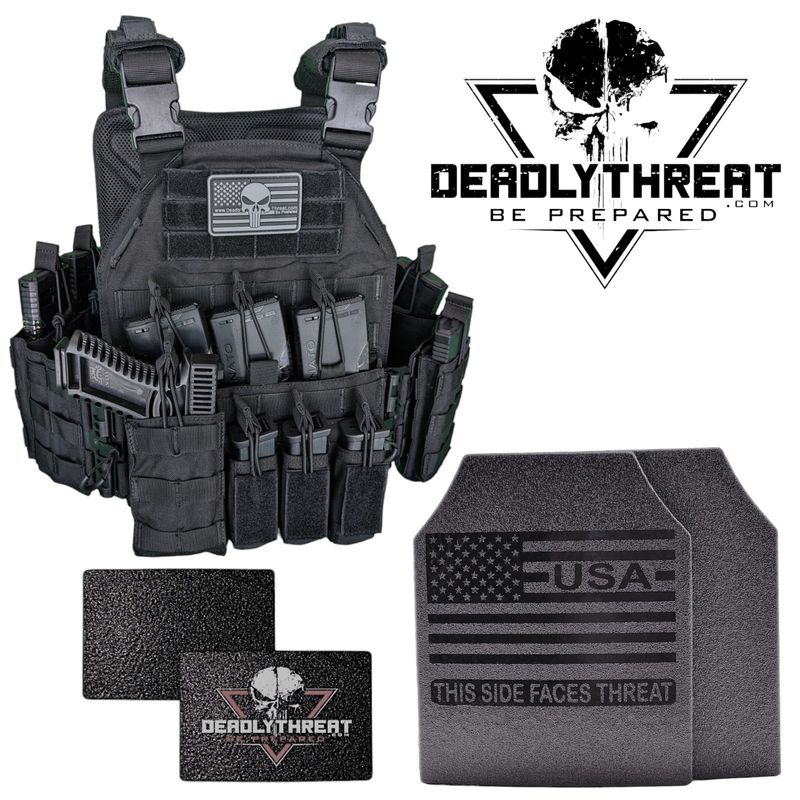 A tactical plate carrier in a sleek Black Storm colorway, equipped with Level III Fearless front and back armor plates, along with ballistic side plates for enhanced lateral protection. The carrier features adjustable shoulder and waist straps for a secure, ergonomic fit, MOLLE webbing for modular gear attachments, and a durable yet lightweight construction. Ideal for high-threat environments, this setup delivers full-torso rifle-rated protection for tactical, military, and law enforcement use.