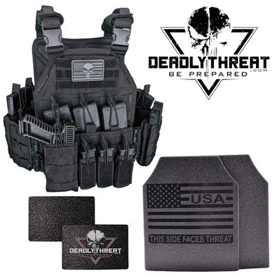A tactical plate carrier in a sleek Black Storm colorway, equipped with Level III Fearless front and back armor plates, along with ballistic side plates for enhanced lateral protection. The carrier features adjustable shoulder and waist straps for a secure, ergonomic fit, MOLLE webbing for modular gear attachments, and a durable yet lightweight construction. Ideal for high-threat environments, this setup delivers full-torso rifle-rated protection for tactical, military, and law enforcement use.