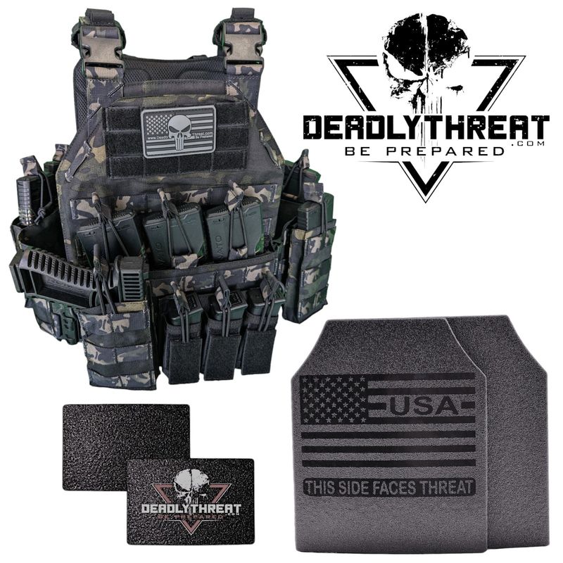 Urban Assault Ghost Camo tactical plate carrier with Level III Fearless front, back, and side ballistic armor plates for complete rifle-rated protection. Features stealth camo pattern, MOLLE webbing, adjustable shoulder and waist straps, and lightweight durable construction. Ideal body armor for military, law enforcement, and tactical use in urban and high-threat environments.