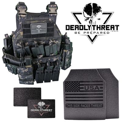 Urban Assault Ghost Camo tactical plate carrier with Level III Fearless front, back, and side ballistic armor plates for complete rifle-rated protection. Features stealth camo pattern, MOLLE webbing, adjustable shoulder and waist straps, and lightweight durable construction. Ideal body armor for military, law enforcement, and tactical use in urban and high-threat environments.