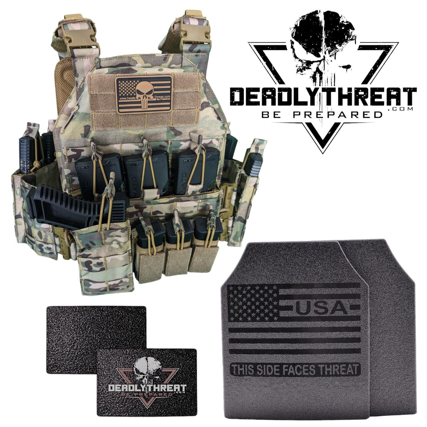 Urban Assault Camo 7 tactical plate carrier with Level III L3 Fearless ballistic armor and side plates for full rifle-rated protection. Features MOLLE webbing, adjustable straps, and lightweight construction. Ideal body armor setup for military, law enforcement, and tactical operators in woodland and mixed-terrain environments.