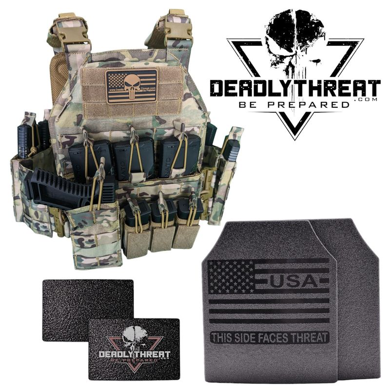 Urban Assault Camo 7 tactical plate carrier with Level III L3 Fearless ballistic armor and side plates for full rifle-rated protection. Features MOLLE webbing, adjustable straps, and lightweight construction. Ideal body armor setup for military, law enforcement, and tactical operators in woodland and mixed-terrain environments.