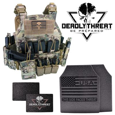 Urban Assault Camo 7 tactical plate carrier with Level III L3 Fearless ballistic armor and side plates for full rifle-rated protection. Features MOLLE webbing, adjustable straps, and lightweight construction. Ideal body armor setup for military, law enforcement, and tactical operators in woodland and mixed-terrain environments.