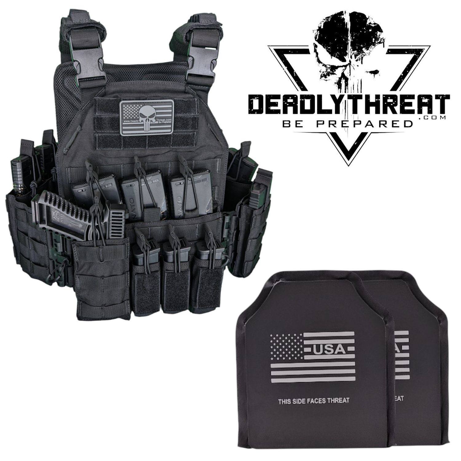 A tactical plate carrier in a sleek Black Storm design, paired with Level IIIA flexible soft armor panels for protection against handgun threats. The carrier features adjustable shoulder and waist straps for a secure fit, MOLLE webbing for modular gear attachment, and a lightweight, low-profile construction. Ideal for law enforcement, security, and tactical professionals seeking comfort, mobility, and reliable soft armor protection.
