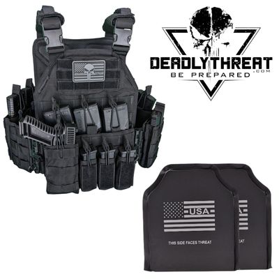 A tactical plate carrier in a sleek Black Storm design, paired with Level IIIA flexible soft armor panels for protection against handgun threats. The carrier features adjustable shoulder and waist straps for a secure fit, MOLLE webbing for modular gear attachment, and a lightweight, low-profile construction. Ideal for law enforcement, security, and tactical professionals seeking comfort, mobility, and reliable soft armor protection.