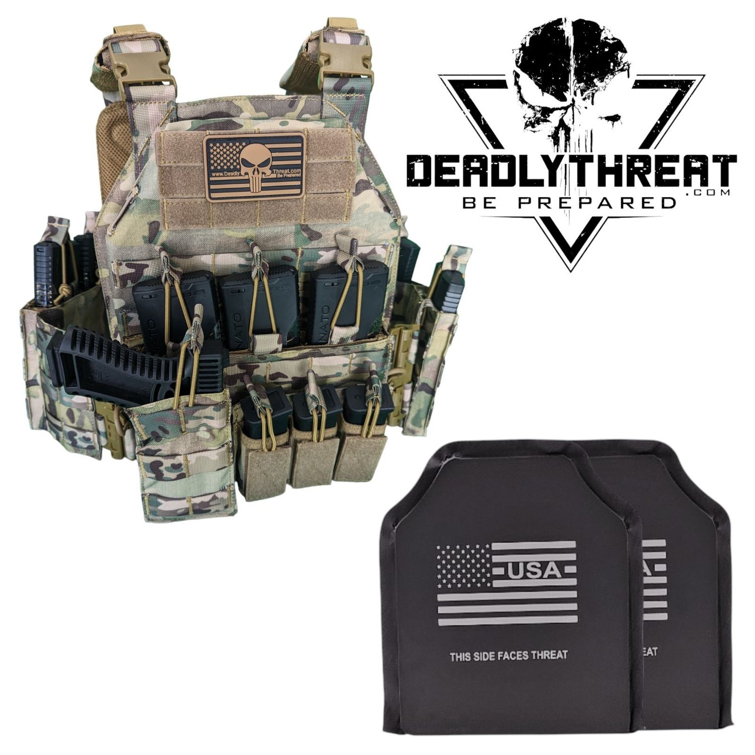 Urban Assault Camo 7 tactical plate carrier with Level IIIA flexible soft armor panels for handgun protection. Features MOLLE webbing, adjustable straps, and lightweight, durable construction. Ideal concealable body armor setup for law enforcement, security, and tactical use in woodland or mixed-terrain environments.