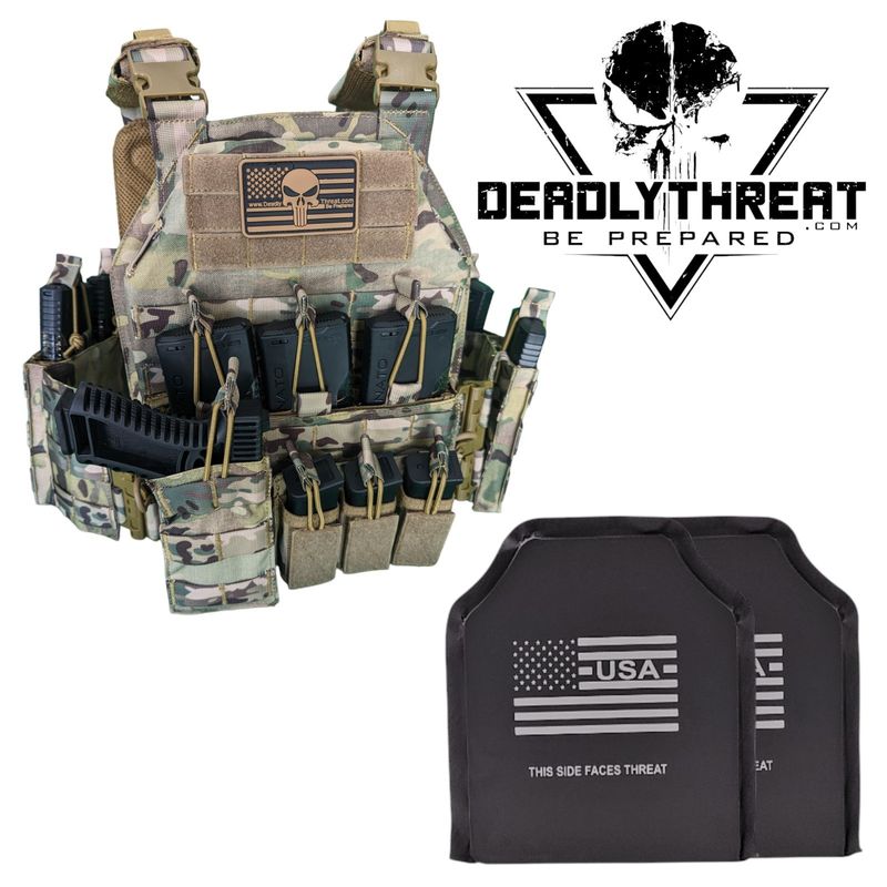 Urban Assault Camo 7 tactical plate carrier with Level IIIA flexible soft armor panels for handgun protection. Features MOLLE webbing, adjustable straps, and lightweight, durable construction. Ideal concealable body armor setup for law enforcement, security, and tactical use in woodland or mixed-terrain environments.