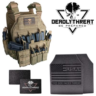 Urban Assault Desert Fox tactical plate carrier with Level III Fearless front, back, and side ballistic armor plates for full rifle-rated protection. Features desert camo design, MOLLE webbing, adjustable straps, and lightweight construction. Ideal body armor setup for tactical teams, military, and law enforcement operating in arid and high-threat environments.