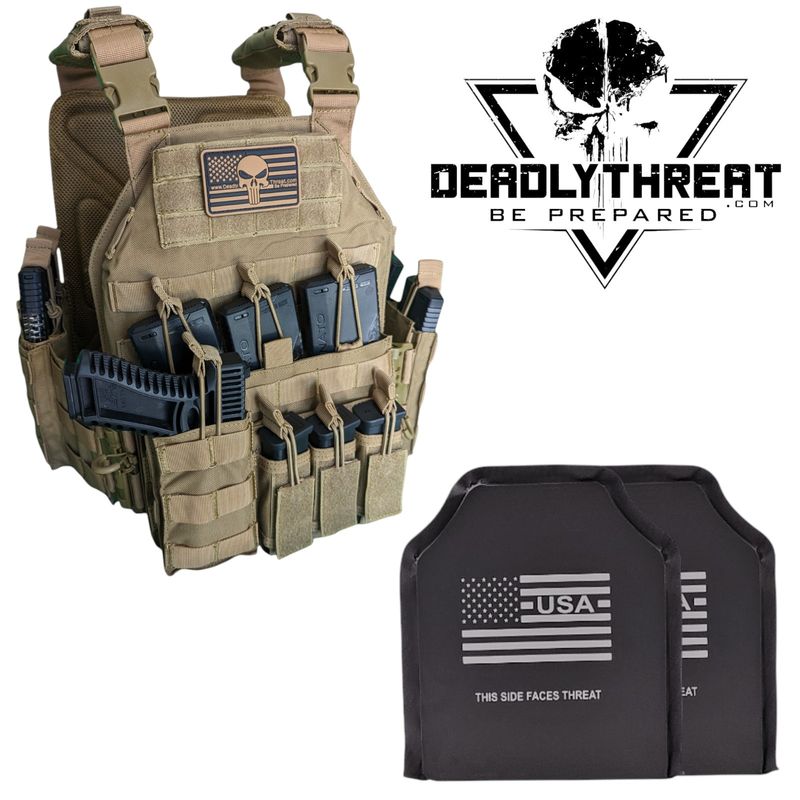 Urban Assault Desert Fox tactical plate carrier with Level IIIA flexible soft armor panels for protection against handgun threats. Features desert tan camo design, MOLLE webbing, adjustable straps, and lightweight construction. Ideal concealable body armor for law enforcement, security, and tactical use in arid and desert environments.