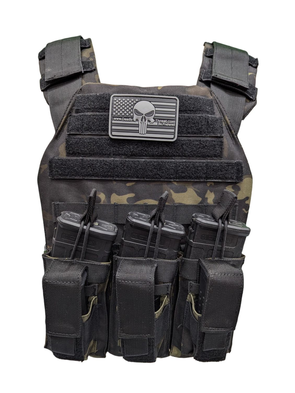 A sleek tactical plate carrier in a distinctive Ghost Camo pattern, designed for rapid response in active shooter situations. The vest features adjustable shoulder and waist straps for a secure, customizable fit, along with MOLLE webbing for modular gear attachment. Its lightweight yet durable construction supports front and back ballistic plates, combining high-threat protection with tactical mobility.