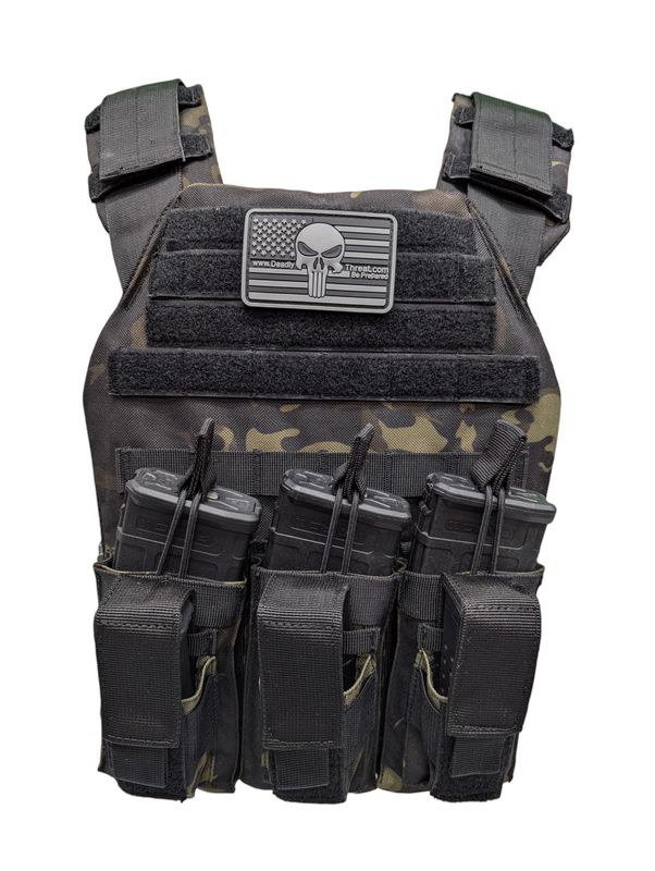 A sleek tactical plate carrier in a distinctive Ghost Camo pattern, designed for rapid response in active shooter situations. The vest features adjustable shoulder and waist straps for a secure, customizable fit, along with MOLLE webbing for modular gear attachment. Its lightweight yet durable construction supports front and back ballistic plates, combining high-threat protection with tactical mobility.