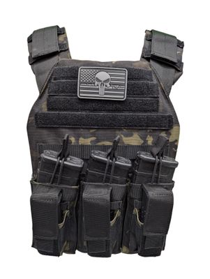 A sleek tactical plate carrier in a distinctive Ghost Camo pattern, designed for rapid response in active shooter situations. The vest features adjustable shoulder and waist straps for a secure, customizable fit, along with MOLLE webbing for modular gear attachment. Its lightweight yet durable construction supports front and back ballistic plates, combining high-threat protection with tactical mobility.