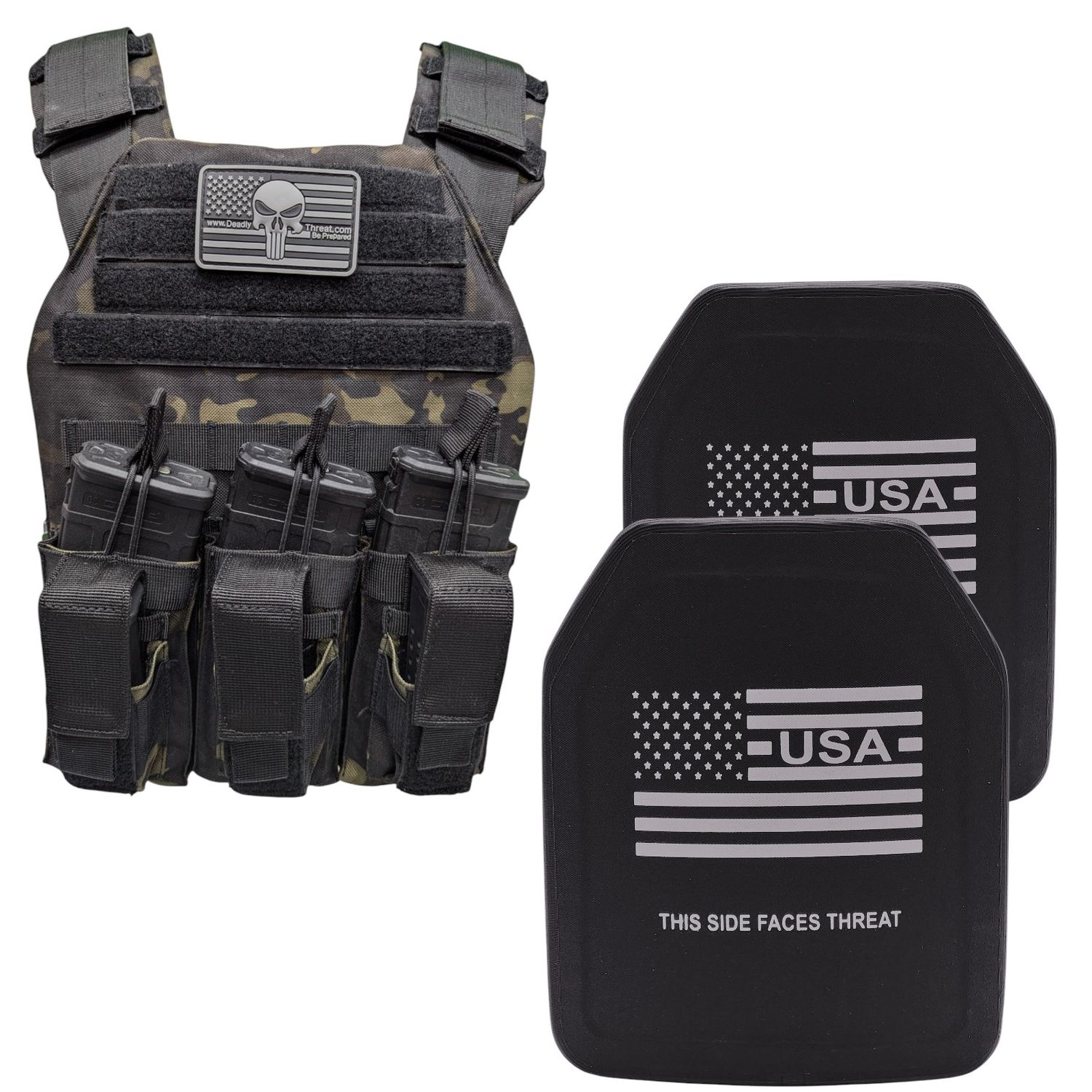 A tactical plate carrier in Ghost Camo, equipped with Level III+ special threat ballistic plates designed to stop high-velocity rifle rounds and advanced threats. The carrier features adjustable shoulder and waist straps for a secure, customizable fit, MOLLE webbing for gear attachment, and a rugged, lightweight construction. Ideal for active shooter situations and high-risk operations, offering enhanced protection beyond standard Level III armor.