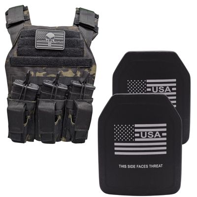 A premium tactical plate carrier in Ghost Camo, outfitted with Level IV ballistic armor plates capable of stopping armor-piercing rifle rounds. The carrier includes adjustable shoulder and waist straps for a tailored fit, MOLLE webbing for modular attachments, and a lightweight yet durable build. Designed for extreme threat environments, this setup delivers maximum protection and tactical versatility for law enforcement, military, and emergency response personnel.