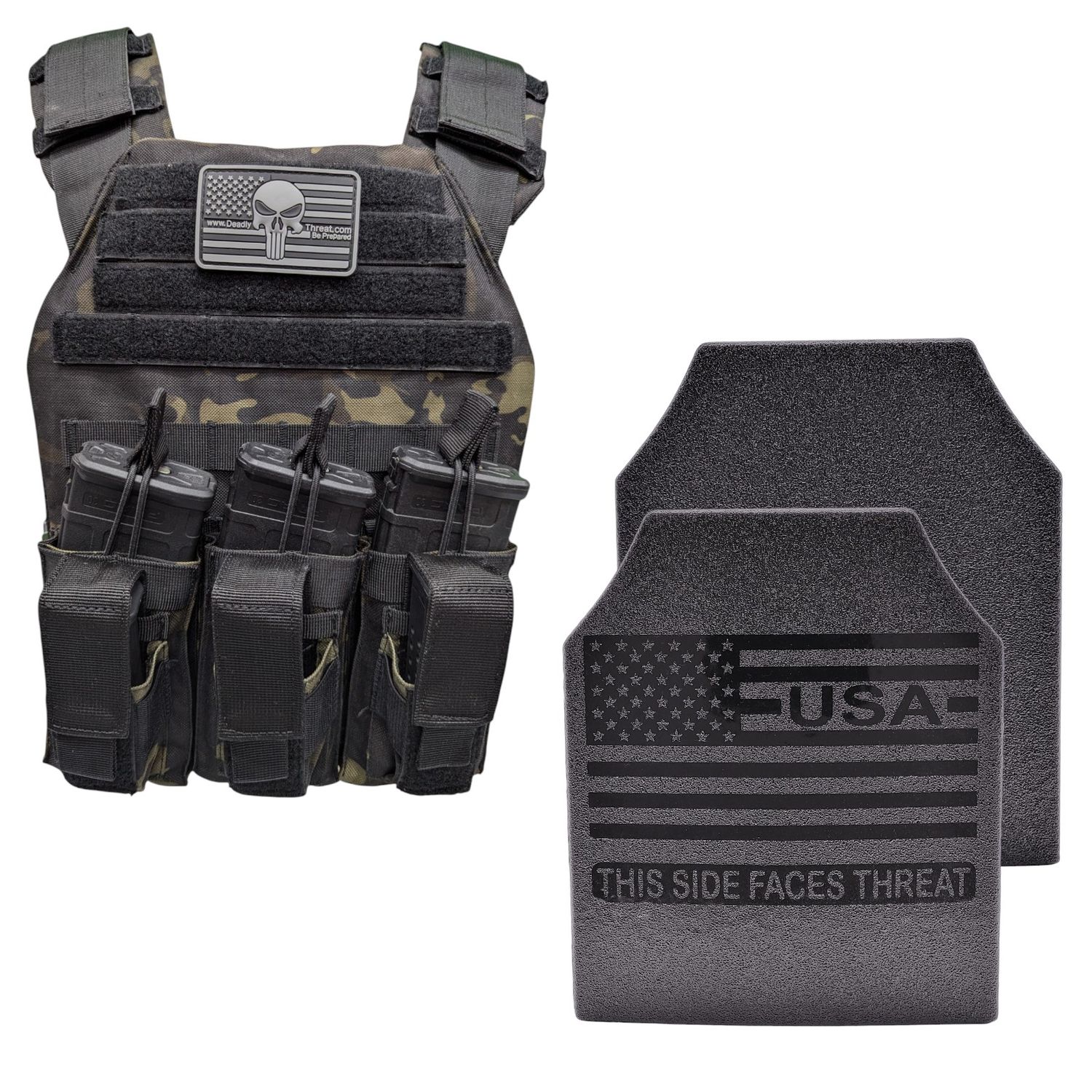 A tactical plate carrier in a modern Ghost Camo pattern, equipped with Level III ballistic armor plates for rifle-rated protection. The carrier features adjustable shoulder and waist straps for a secure fit, MOLLE webbing for gear customization, and a rugged yet lightweight design. Built for active shooter response and tactical missions, this setup balances protection, durability, and mobility in high-threat environments.