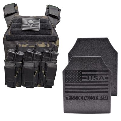 A tactical plate carrier in a modern Ghost Camo pattern, equipped with Level III ballistic armor plates for rifle-rated protection. The carrier features adjustable shoulder and waist straps for a secure fit, MOLLE webbing for gear customization, and a rugged yet lightweight design. Built for active shooter response and tactical missions, this setup balances protection, durability, and mobility in high-threat environments.