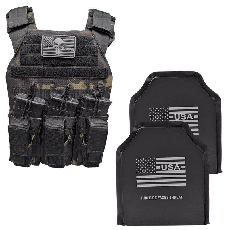A tactical plate carrier in Ghost Camo, equipped with flexible Level IIIA L3A soft armor panels. The carrier features adjustable straps for a secure and comfortable fit, MOLLE webbing for modular attachments, and a lightweight, ergonomic design. Engineered for mobility and discreet protection, this setup offers defense against handgun threats while maintaining flexibility for rapid movement in active shooter or tactical scenarios.