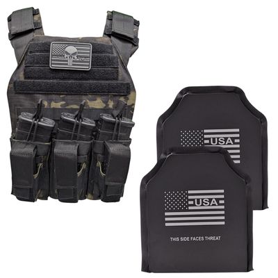 A tactical plate carrier in Ghost Camo, equipped with flexible Level IIIA L3A soft armor panels. The carrier features adjustable straps for a secure and comfortable fit, MOLLE webbing for modular attachments, and a lightweight, ergonomic design. Engineered for mobility and discreet protection, this setup offers defense against handgun threats while maintaining flexibility for rapid movement in active shooter or tactical scenarios.