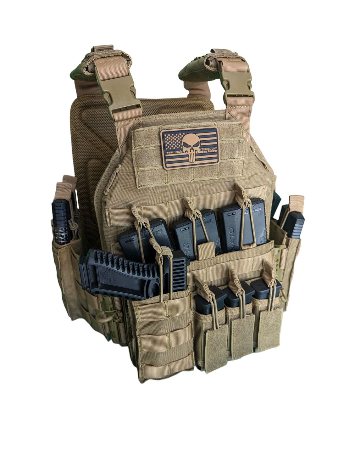 Urban Assault tactical plate carrier in Desert Tan, designed for modular loadouts with MOLLE webbing, adjustable shoulder and waist straps, and lightweight, durable construction. Compatible with front, back, and side armor plates. Ideal for military, law enforcement, and tactical use in arid and desert environments.