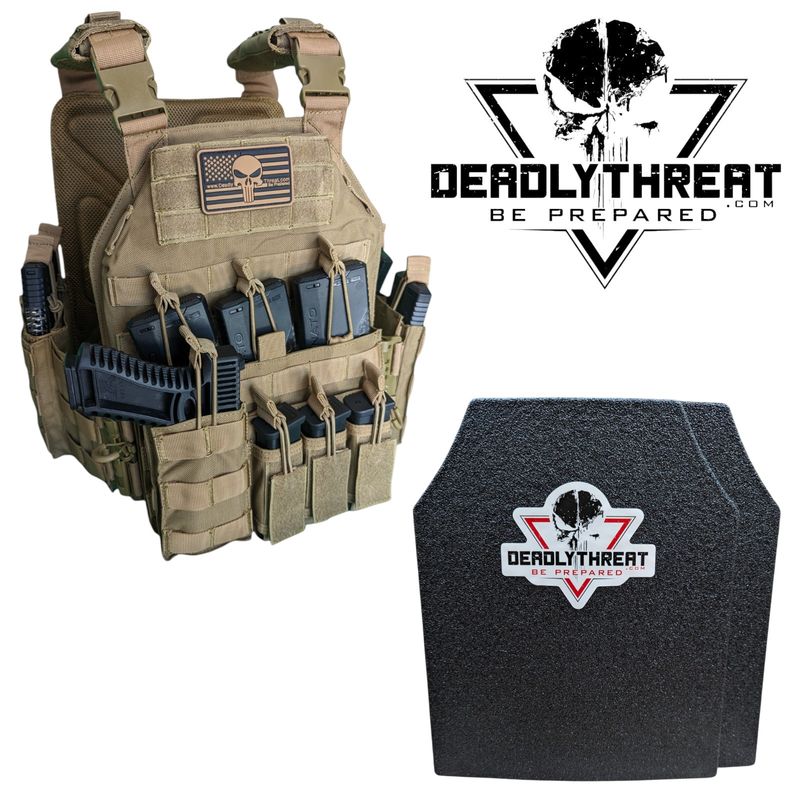 Urban Assault Desert Fox tactical plate carrier with Level III L3 Fearless ballistic armor plates for rifle-rated protection. Includes desert camo design, MOLLE webbing, adjustable shoulder and waist straps, and lightweight construction. Ideal body armor for military, law enforcement, and tactical operators in arid and high-threat environments.