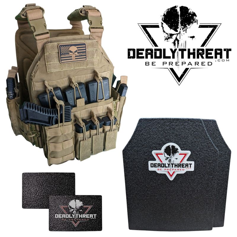 Urban Assault Desert Fox tactical plate carrier with Level III L3 Fearless front, back, and side ballistic armor plates for full rifle-rated protection. Features desert camouflage design, MOLLE webbing, adjustable straps, and lightweight durable construction. Ideal body armor setup for military, law enforcement, and tactical use in arid and high-threat environments.