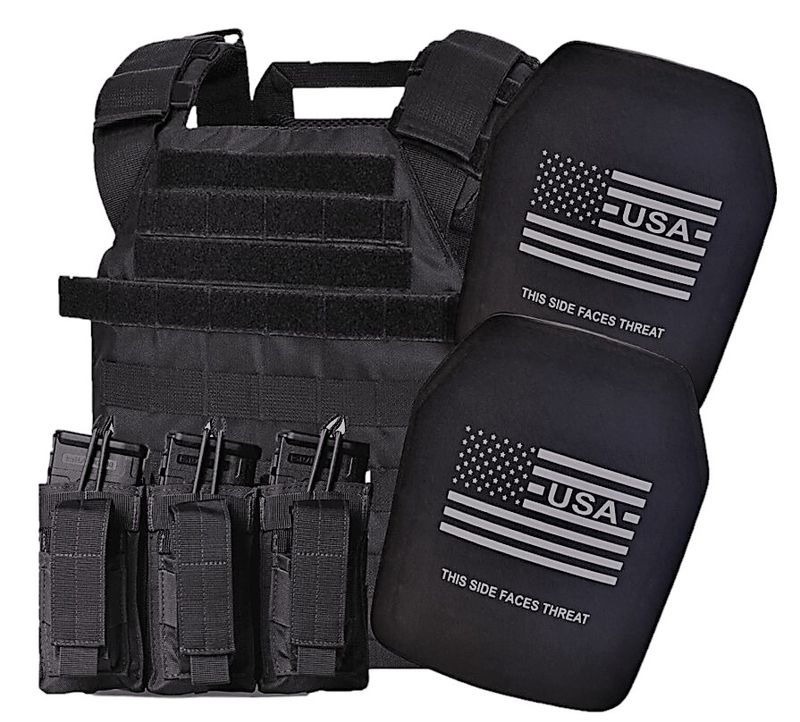 A high-performance Level IV ballistic armor plate designed for active shooter situations. The plate is black with a durable, rugged exterior, featuring a white American flag design and the text &#39;THIS SIDE FACES THREAT&#39; for proper orientation. Engineered for superior protection against armor-piercing rounds while maintaining a lightweight and ergonomic build for mobility.
