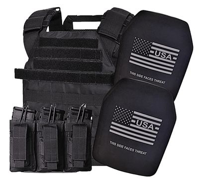 A high-performance Level IV ballistic armor plate designed for active shooter situations. The plate is black with a durable, rugged exterior, featuring a white American flag design and the text &#39;THIS SIDE FACES THREAT&#39; for proper orientation. Engineered for superior protection against armor-piercing rounds while maintaining a lightweight and ergonomic build for mobility.